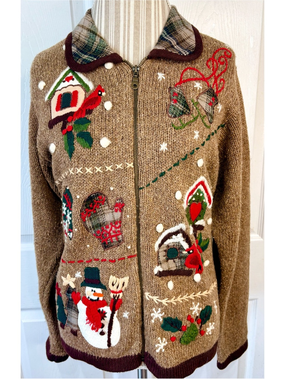 Vintage 90s Victoria Jones Embroidered Zip up Christmas Cardigan Sweater LG